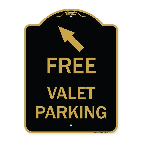 Signmission Free Valet Parking W/ Upper Left Arrow, Black & Gold Aluminum Sign, 18" x 24", BG-1824-23941 A-DES-BG-1824-23941 - main